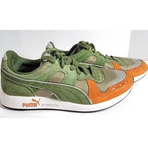 Puma R-System Sneakers US 6 Womens Green Orange Suede Nylon Low Top Shoes